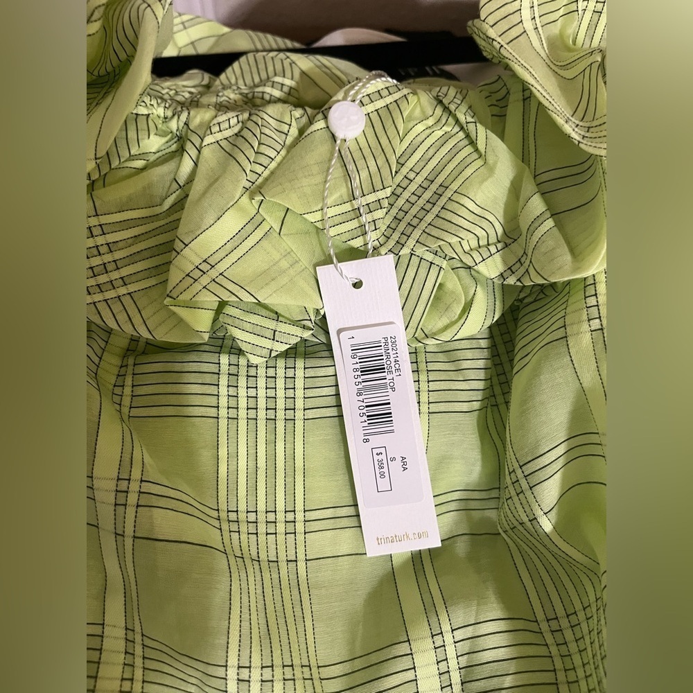 Trina Turk green plate off shoulder top NWT size S summer resort, black striped - Picture 8 of 8